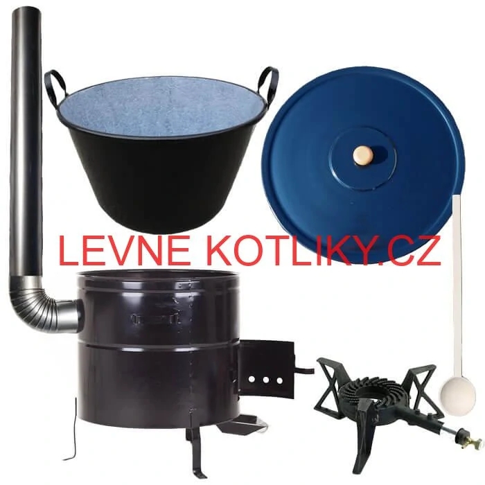 Zabijačkový smaltovaný kotel 70 L + kovová kotlina 56 cm + hořák 7 kW + kouřovod