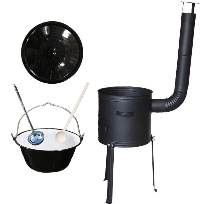 Smaltovaný kotlík 30 L (1,2 mm) + kovová kotlina s vysokými nožičkami 42 cm + vařečka a naběračka