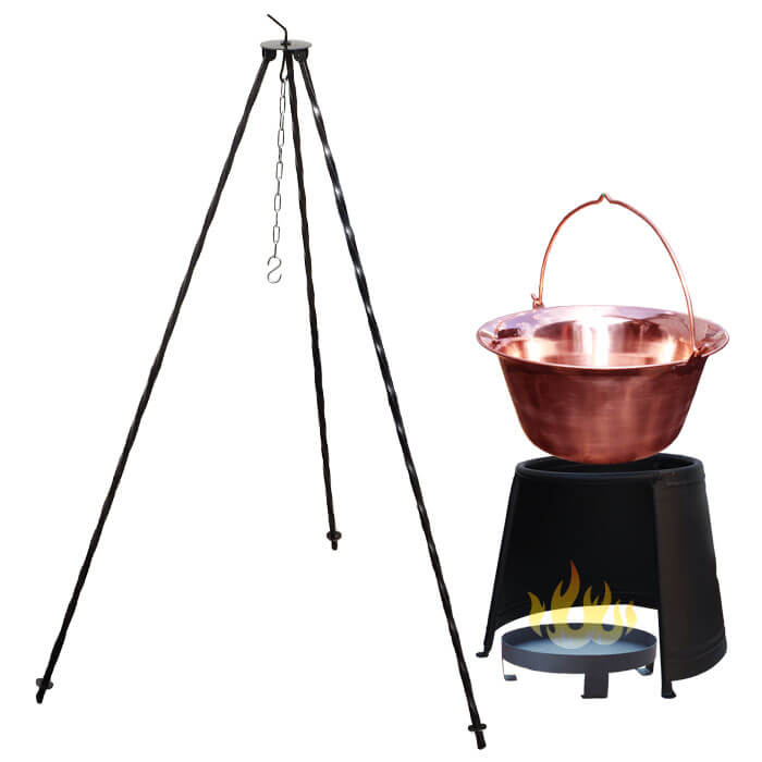 Měděný kotlík 4 L (1,2 mm) + chránič plamene 32 cm + ohniště 36 cm + trojnožka 1 m