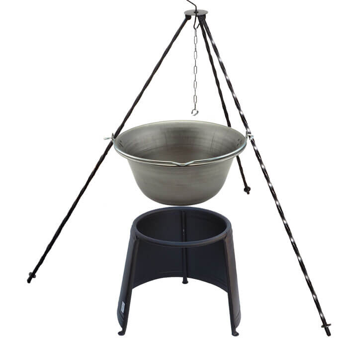 Železný kotlík 14 L (0,75 mm) + chránič plamene 37 cm + trojnožka 1,2 m