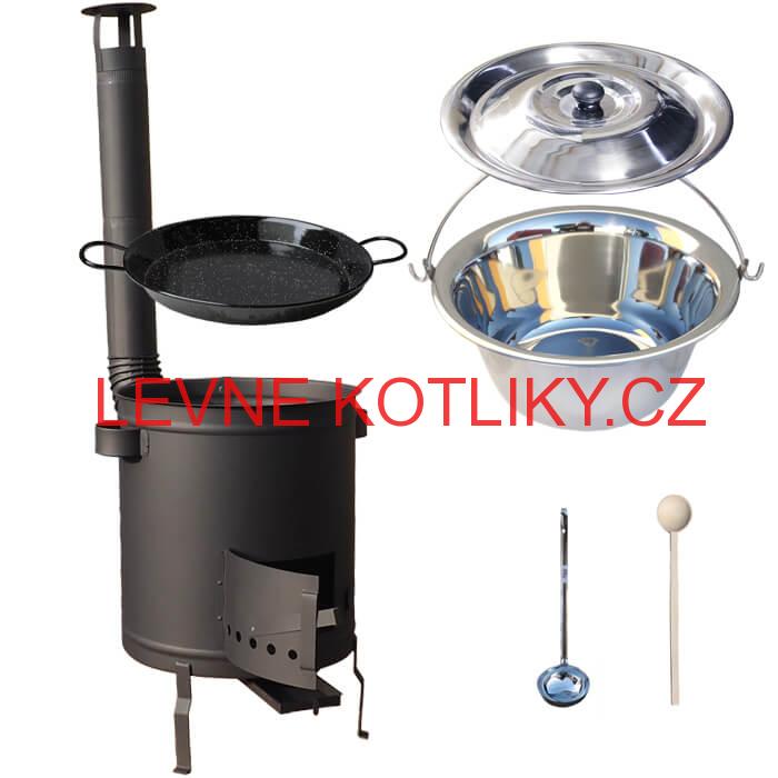 Nerezový kotlík 14 L (0,8 mm) + Paella pánev 38 cm + silnostěnná (1,5 mm) žáruvzdorná kotlina (1,5 mm) 36 PLUS 600