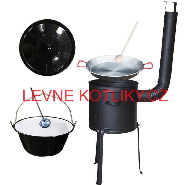 Smaltovaný kotlík 13 L (1,2 mm) + Paella pánev 38 cm + kotlina s vysokými nožičkami 36 cm, žáruvzdorná barva Plus 700