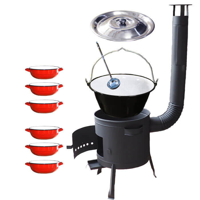 Smaltovaný kotlík 20 L + selské misky 6 ks + nízká žáruvzdorná kotlina 42 cm PLUS 600