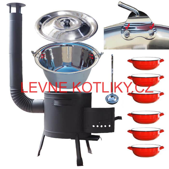 Nerezový kotlík 15 L (0,8 mm) s nýty INOX + selské misky 6 ks + nízká žáruvzdorná kotlina 36 cm PLUS 600
