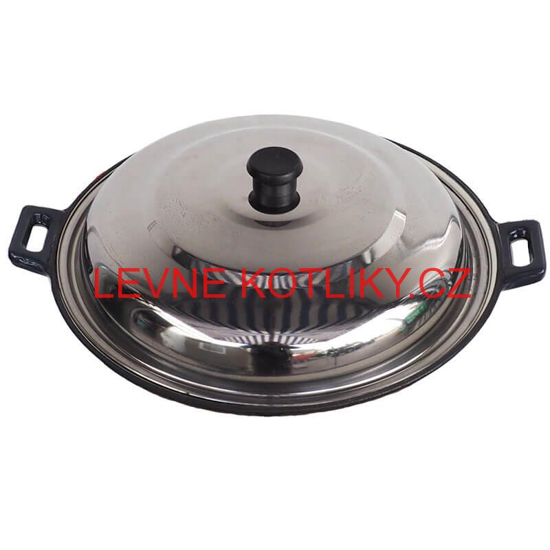 Litinový wok – smaltovaný povrch 37 cm + nerezová poklice