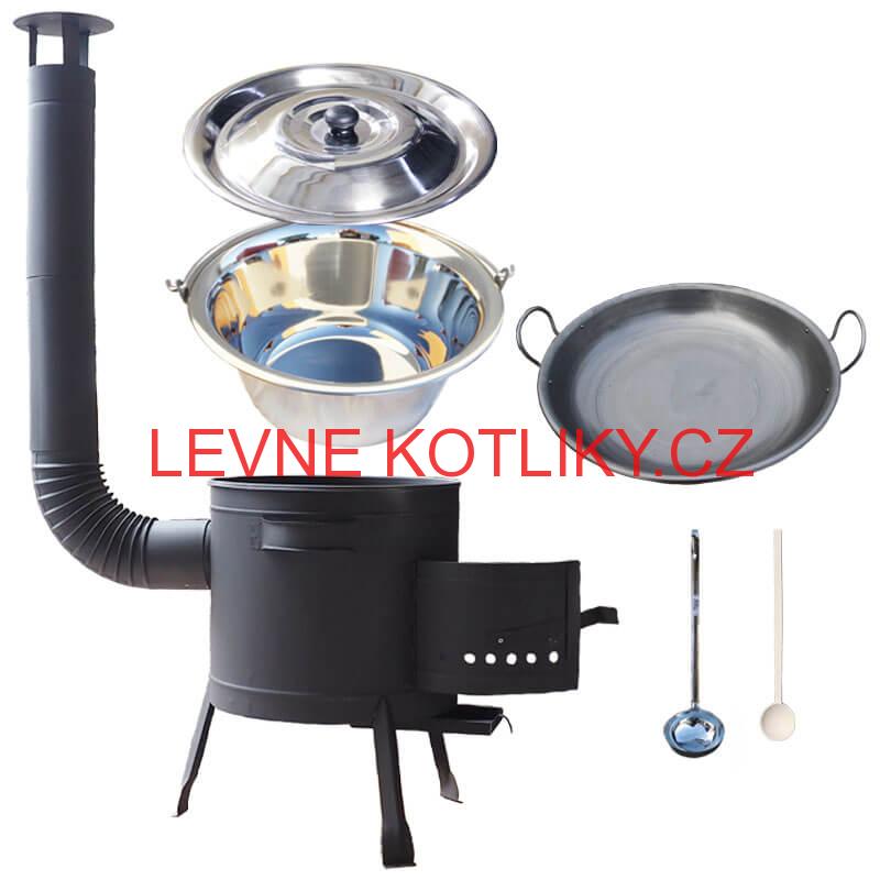 Nerezový kotlík 20 L (1,2 mm) + železná pánev 46 cm WOK + nízká žáruvzdorná kotlina 42 cm PLUS 600