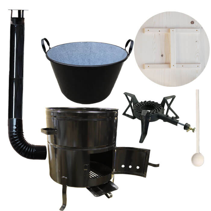 Zabijačkový smaltovaný kotel 100 L + kovová kotlina 60 cm + hořák 7 kW a  kouřovod