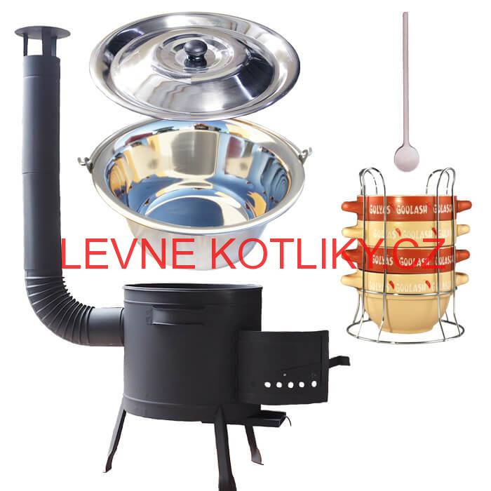 Nerezový kotlík 22 L (0,8 mm) INOX + misky na guláš 4 ks + nízká žáruvzdorná kotlina 42 PLUS 600