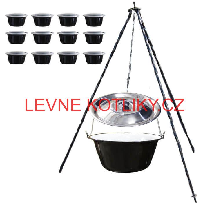 Smaltovaný kotlík 13 L (1,2 mm) + nerezová poklice + trojnožka 1,20 m + misky 12 ks