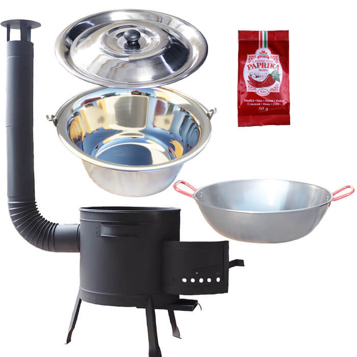 Nerezový kotlík 22 L (0,8 mm) INOX + Pánev PAELLA (WOK) 45 cm + sladká paprika 50 g + nízká kotlina 42 PLUS 600