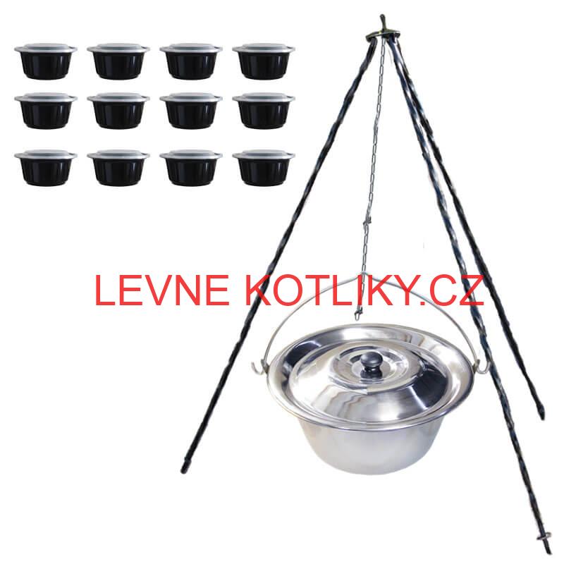 Nerezový kotlík 14 L (0,8 mm) INOX poklice + trojnožka 1,20 m + misky 12 ks
