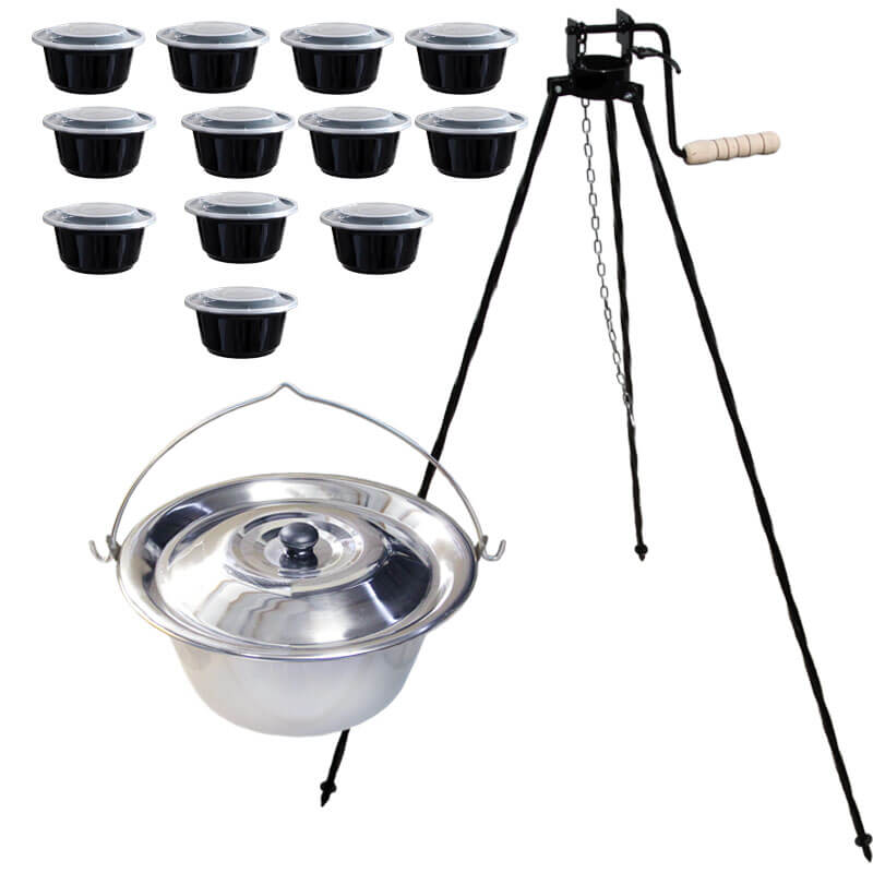 Nerezový kotlík 20 L (0,8 mm) INOX + stojan s kladkou VAR + misky 12 ks