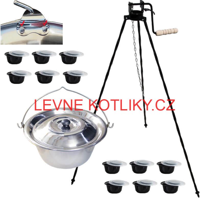 Nerezový kotlík 15 L (0,8 mm) s nýty + stojan s kladkou VAR + misky 12 ks