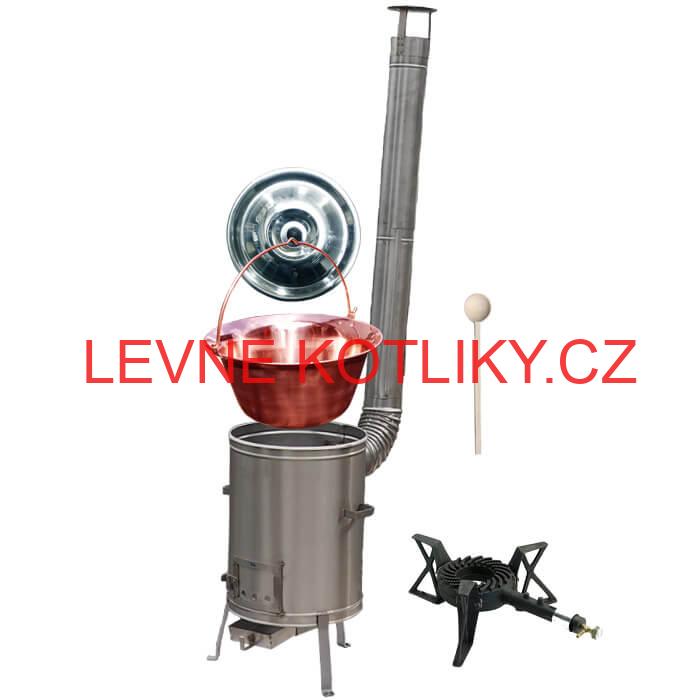 Měděný kotlík 14 L (1,2 mm) + nerezová kotlina 36 cm + litinový hořák 7 kW, vařečka LUX