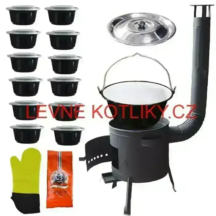Smaltovaný kotlík 22 L (1,2 mm) + misky 12 ks + nízká žáruvzdorná kotlina (0,8 mm) 42 PLUS 600