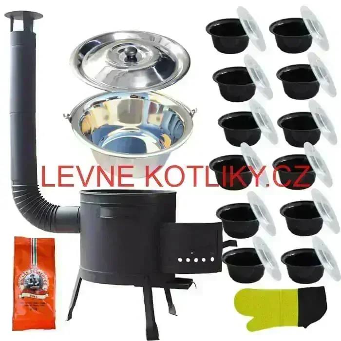 Nerezový kotlík 22 L (0,8 mm) + misky 12 ks + nízká žáruvzdorná kotlina (0,8 mm) 42 PLUS 600