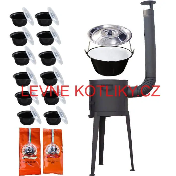 Smaltovaný kotlík 22 L (1,2 mm) + vysoká žáruvzdorná kotlina (2,0 mm) HODO 42 cm PLUS 600 + misky 12 ks + 2 x pepř na guláš 100 g