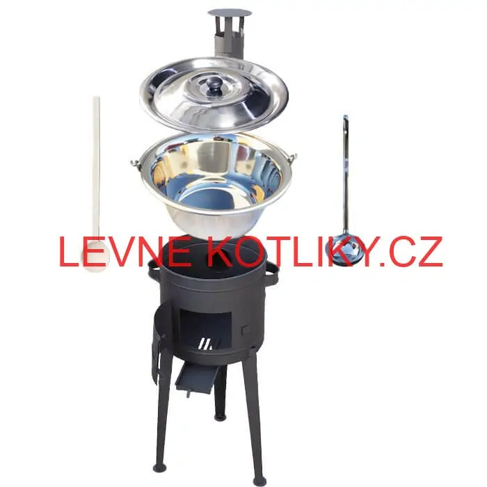 Nerezový kotlík 20 L (1,2 mm) INOX + vysoká žáruvzdorná kotlina (2,0 mm) HODO 42 cm PLUS 600 + vařečka + naběračka