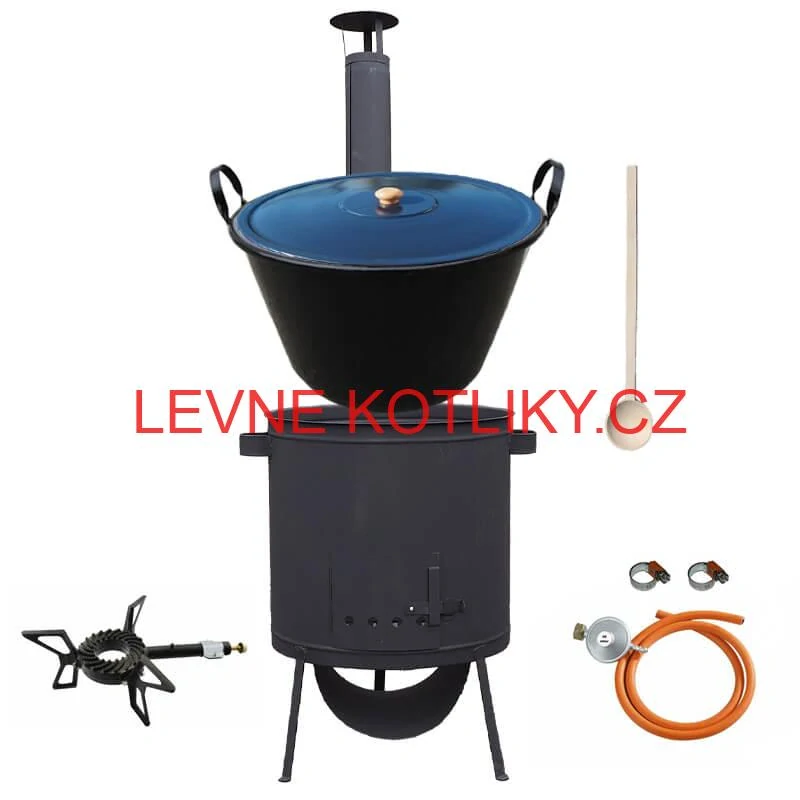 Smaltovaný kotel 60 L na zabijačku + žáruvzdorná kotlina 53 PLUS 600 4 MM + hořák 7,5 kW + vařečka