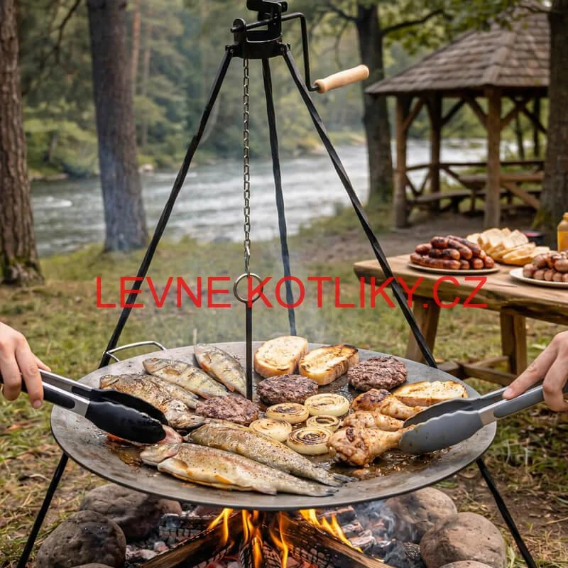 Grilovací souprava CLASSIC STEEL PRO: Trojnožka 1,2m s kladkou + Železná pánev 49 cm