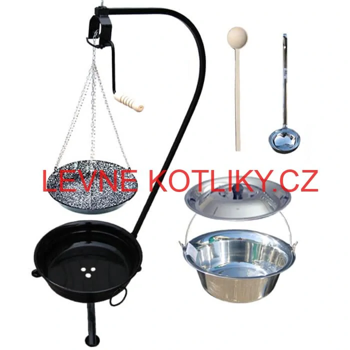 Nerezový kotlík 10 L (0,8 mm) INOX + smaltovaná pánev + ohniště se stojanem as pojistnou kladkou VAR