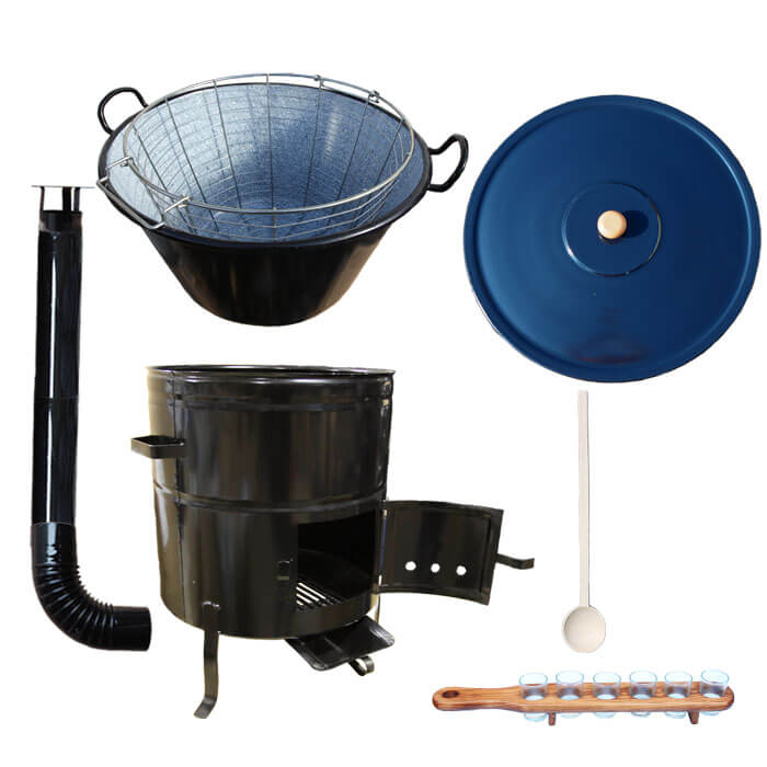 Zabijačkový smaltovaný kotel 70 L + kovová kotlina 56 cm + koš do kotle
