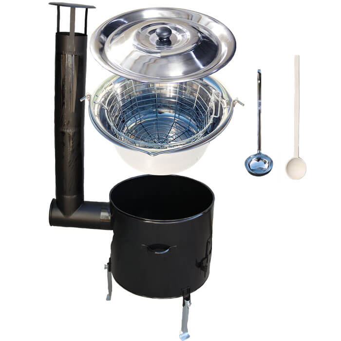 Nerezový kotlík 22 L (0,8 mm) + drátěný koš + smaltovaná kotlina 42 Easy party (SMALT)
