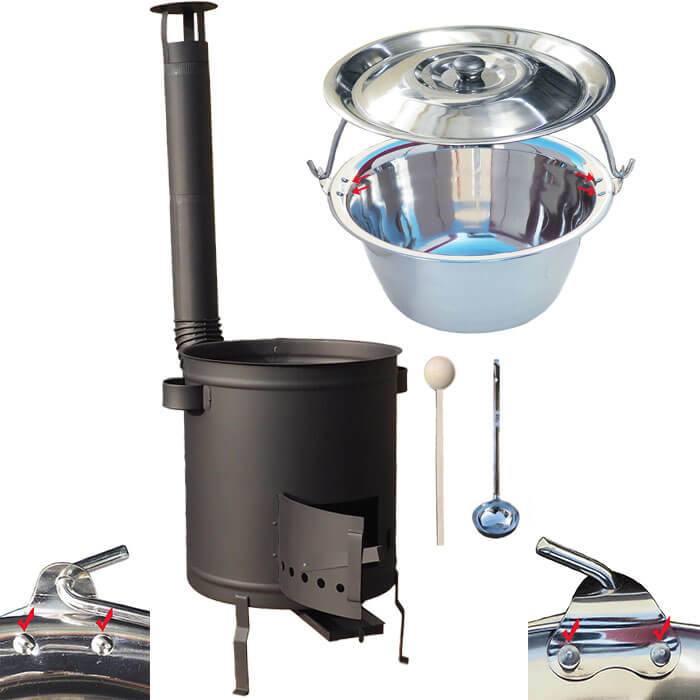 Nerezový kotlík 20 L (0,8 mm) zesílený s nýty + hrubostěnná (1,5 mm) a žáruvzdorná kotlina 42 PLUS 600