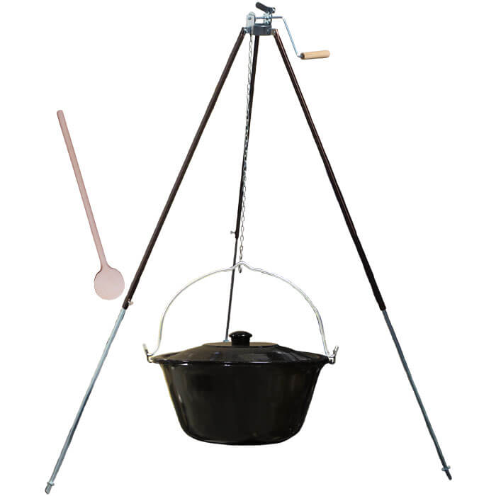 Smaltovaný kotlík 25 L (1,2 mm) + teleskopická trojnožka s pojistnou kladkou + poklice
