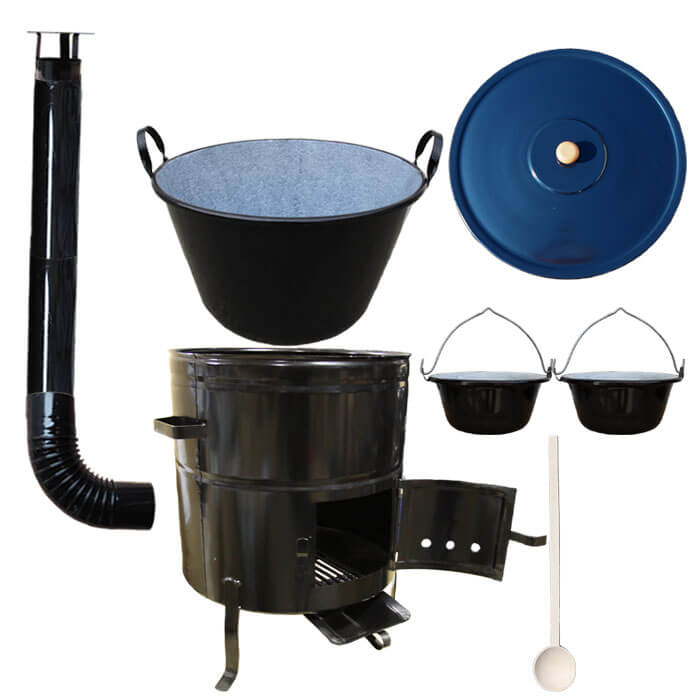 Zabijačkový smaltovaný kotel 50 L + kovová kotlina 50 cm + 2 servírovací kotlíky  a kouřovod