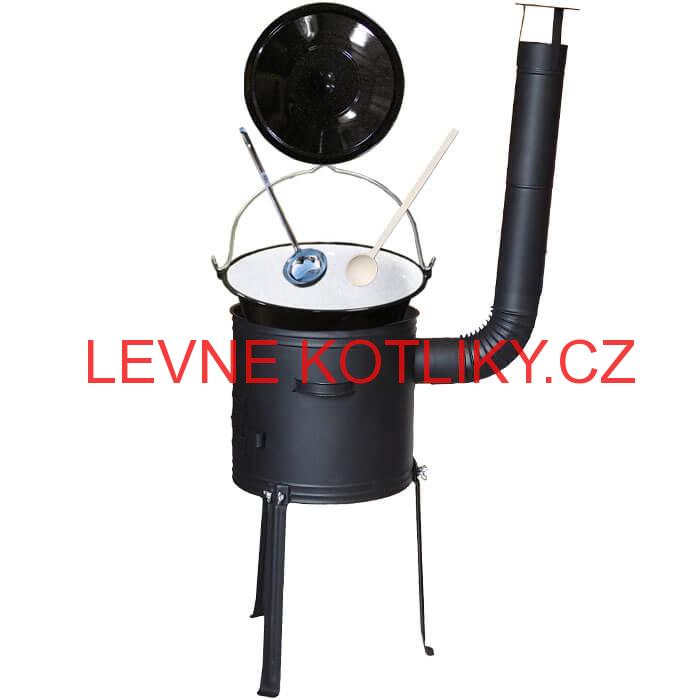 Smaltovaný kotlík 25 L (1,2 mm) + kovová kotlina s vysokými nožičkami 42 cm + vařečka a naběračka