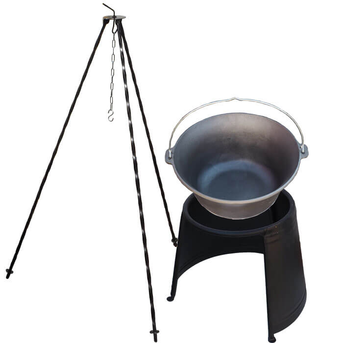 Litinový kotlík 7,2 L + chránič plamene 32 cm + trojnožka 1,2 m