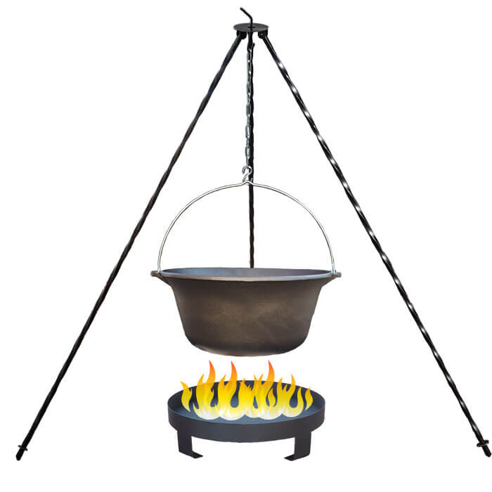 Litinový kotlík 7,2 L + trojnožka 1,2 m + ohniště 36 cm