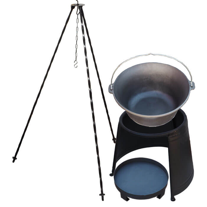 Litinový kotlík 10,8 L + chránič plamene 37 cm + ohniště 36 cm + trojnožka 1,2 m