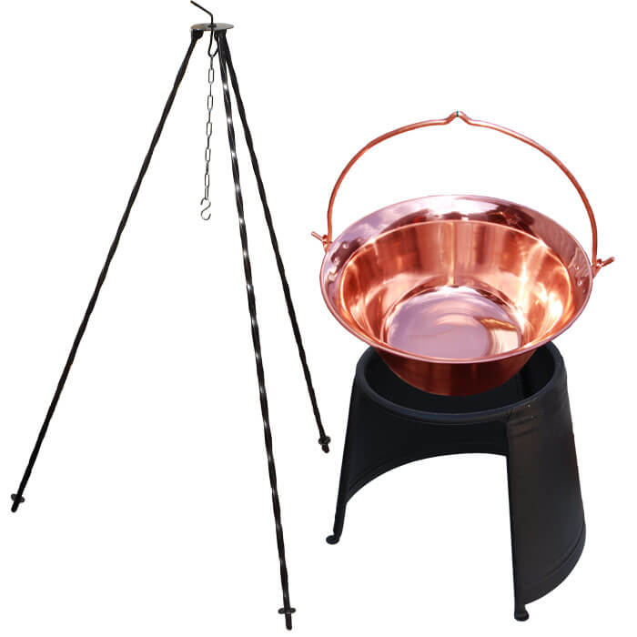 Měděný kotlík 20 L (1,2 mm) + chránič plamene 43 cm + trojnožka 1,2 m