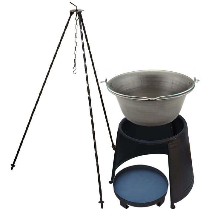 Železný kotlík 20 L (0,75 mm) + chránič plamene 43 cm + ohniště 36 cm + trojnožka 1,2 m