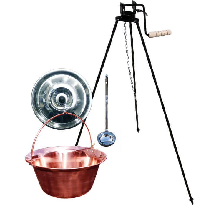 Měděný kotlík 14 L (1,2 mm) + poklice + stojan s kladkou VAR