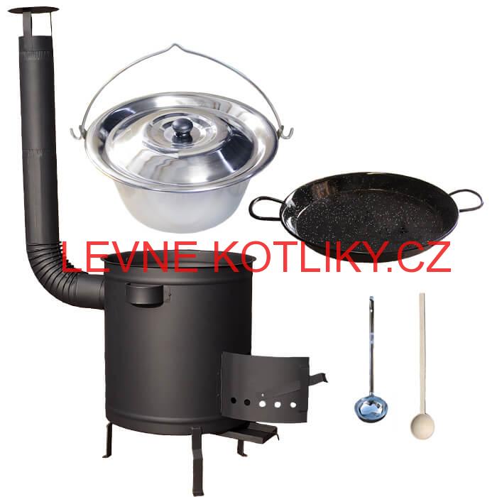 Nerezový kotlík 14 L (0,8 mm) + Paella pánev 38 cm + silnostěnná (1,5 mm) žáruvzdorná kotlina (1,5 mm) 36 PLUS 600