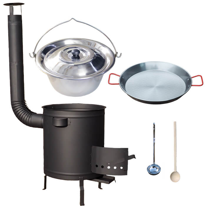 Nerezový kotlík 14 L (0,8 mm) + Paella pánev 38 cm + silnostěnná (1,5 mm) žáruvzdorná kotlina (1,5 mm) 36 PLUS 600