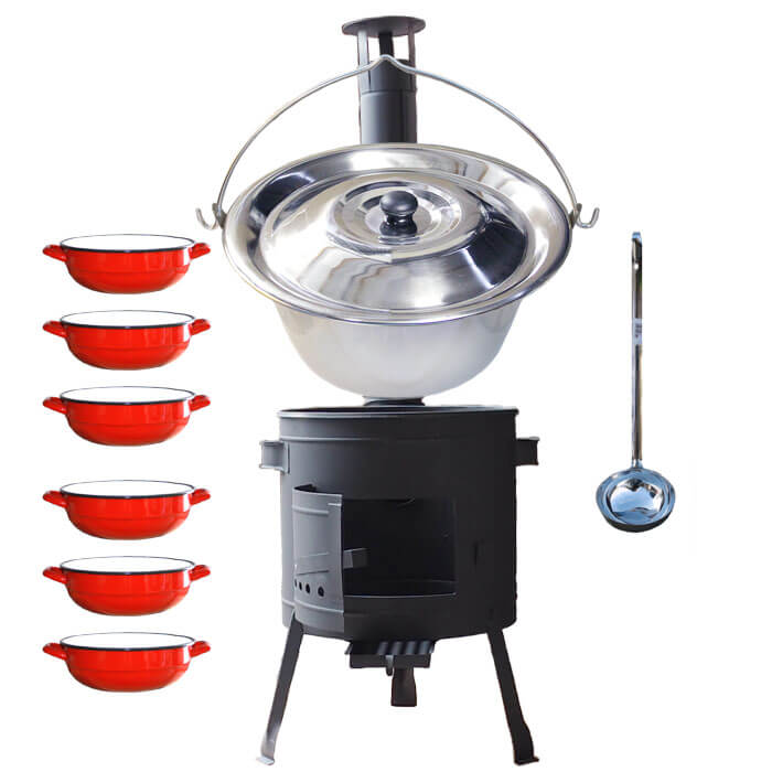 Nerezový kotlík 20 L (1,2 mm) INOX + selské misky 6 ks + nízká žáruvzdorná kotlina 42 cm PLUS 600