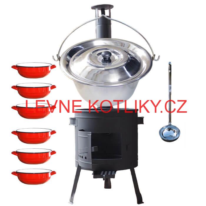 Nerezový kotlík 22 L (0,8 mm) INOX + selské misky 6 ks + nízká žáruvzdorná kotlina 42 cm PLUS 600