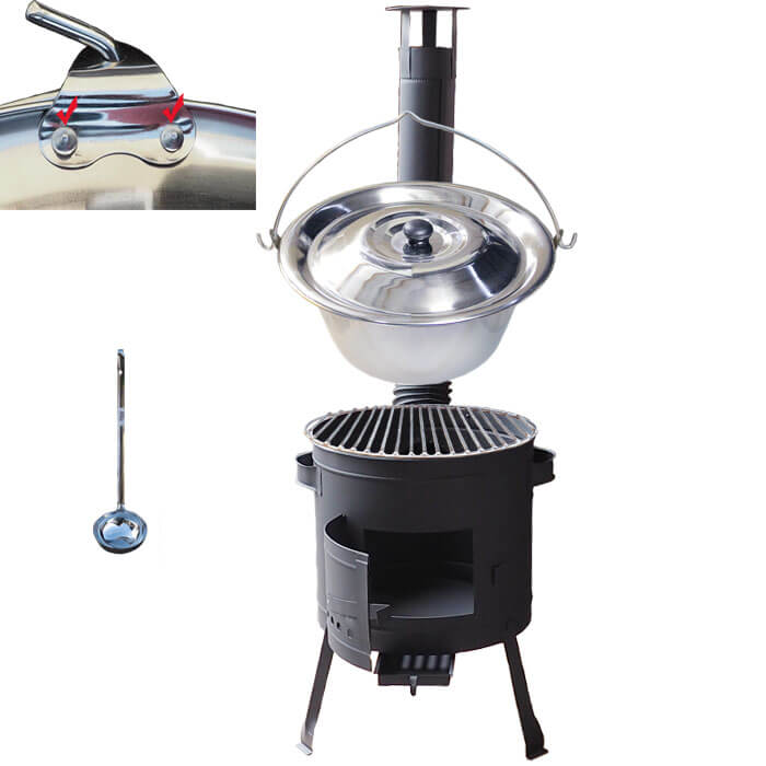 Nerezový kotlík 20 L (0,8 mm) s nýty INOX + Nerezový rošt 45 cm + nízká žáruvzdorná kotlina 42 cm PLUS 600