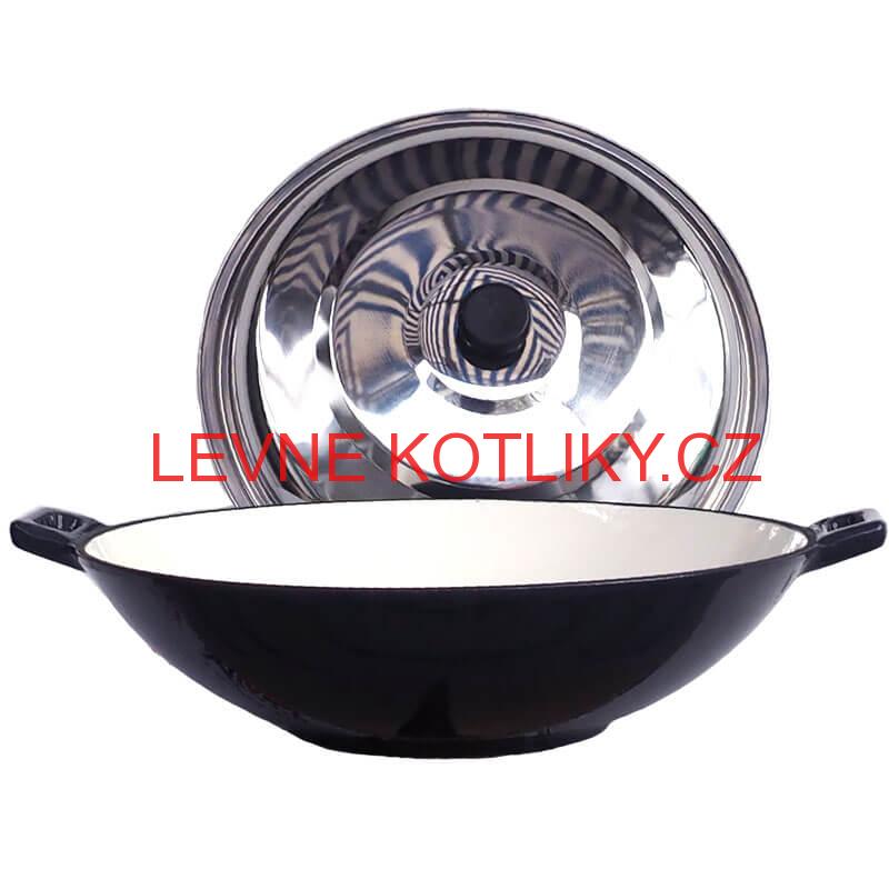 Litinový wok – smaltovaný povrch 37 cm + nerezová poklice