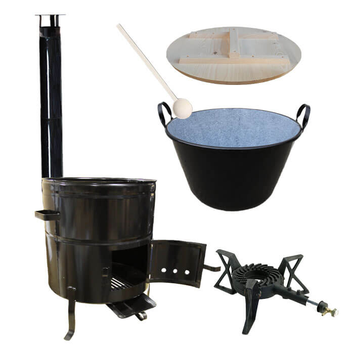 Zabijačkový smaltovaný kotel 100 L + kovová kotlina 60 cm + hořák 7 kW a  kouřovod