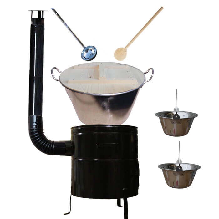 Zabijačkový nerezový kotel 100 L, kovová kotlina 60 cm, smaltovaná poklice + 2 servírovací nerezové kotlíky zdarma