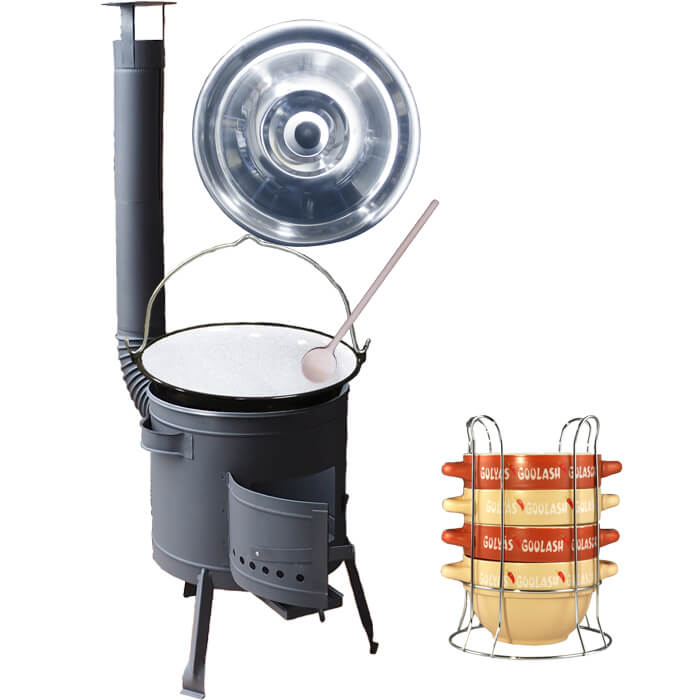 Smaltovaný kotlík 25 L (1,2 mm) + misky na guláš 4 ks + nízká žáruvzdorná kotlina 42 PLUS 600