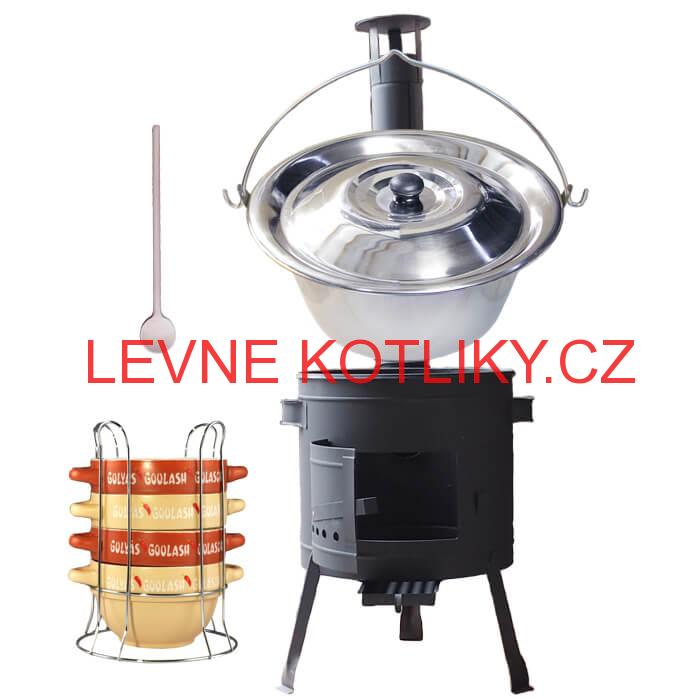 Nerezový kotlík 22 L (0,8 mm) INOX + misky na guláš 4 ks + nízká žáruvzdorná kotlina 42 PLUS 600