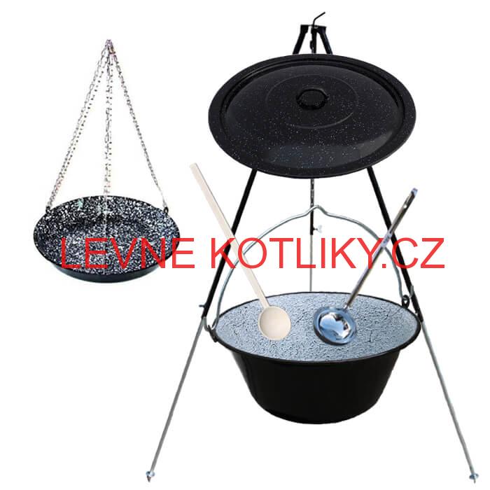 Smaltovaný kotlík 30 L + pánev na grilování + teleskopická trojnožka