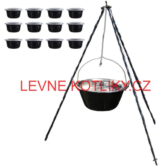 Smaltovaný kotlík 16 L (1,2 mm) + nerezová poklice + trojnožka 1,20 m + misky 12 ks