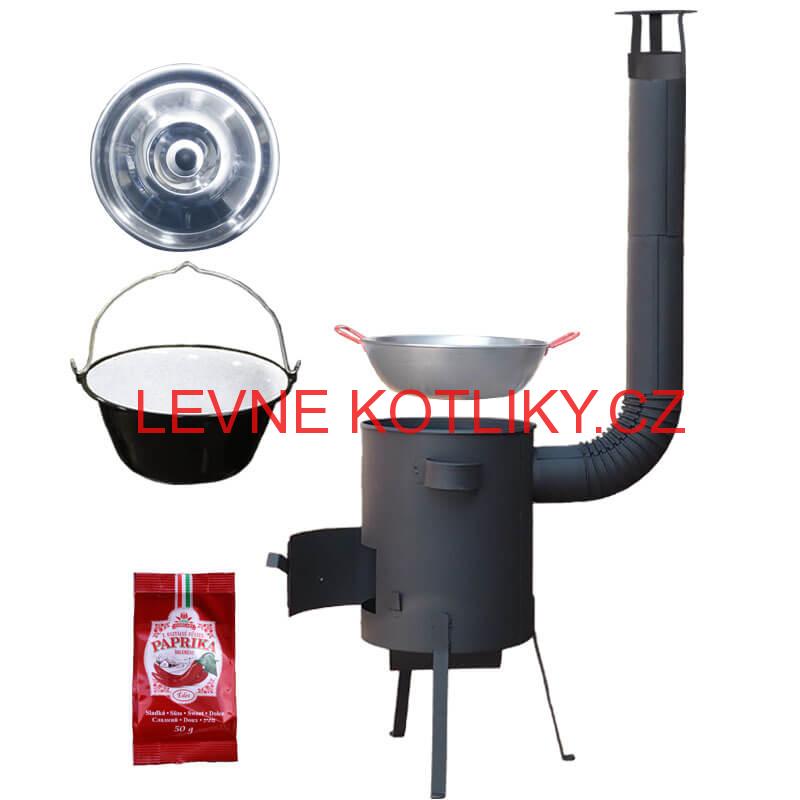 Smaltovaný kotlík 22 L + Pánev PAELLA (WOK) 45 cm + sladká paprika 50 g + žáruvzdorná kotlina 42 PLUS 600 s roštem na popel 4 mm